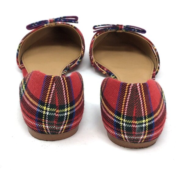 J Crew Shoes Womens 7.5 Red Tartan Dorsay Flats Mini Bow Slip Ons Pointed Toe - Picture 6 of 10